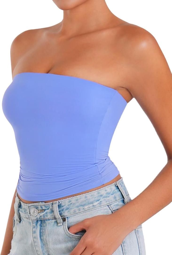 Sunzel Womens Strapless Sexy Tube Top Double Lined Sleeveless Crop Top Summer Basic Bandeau Tops for Layering or Going Out (Small, Periwinkle)