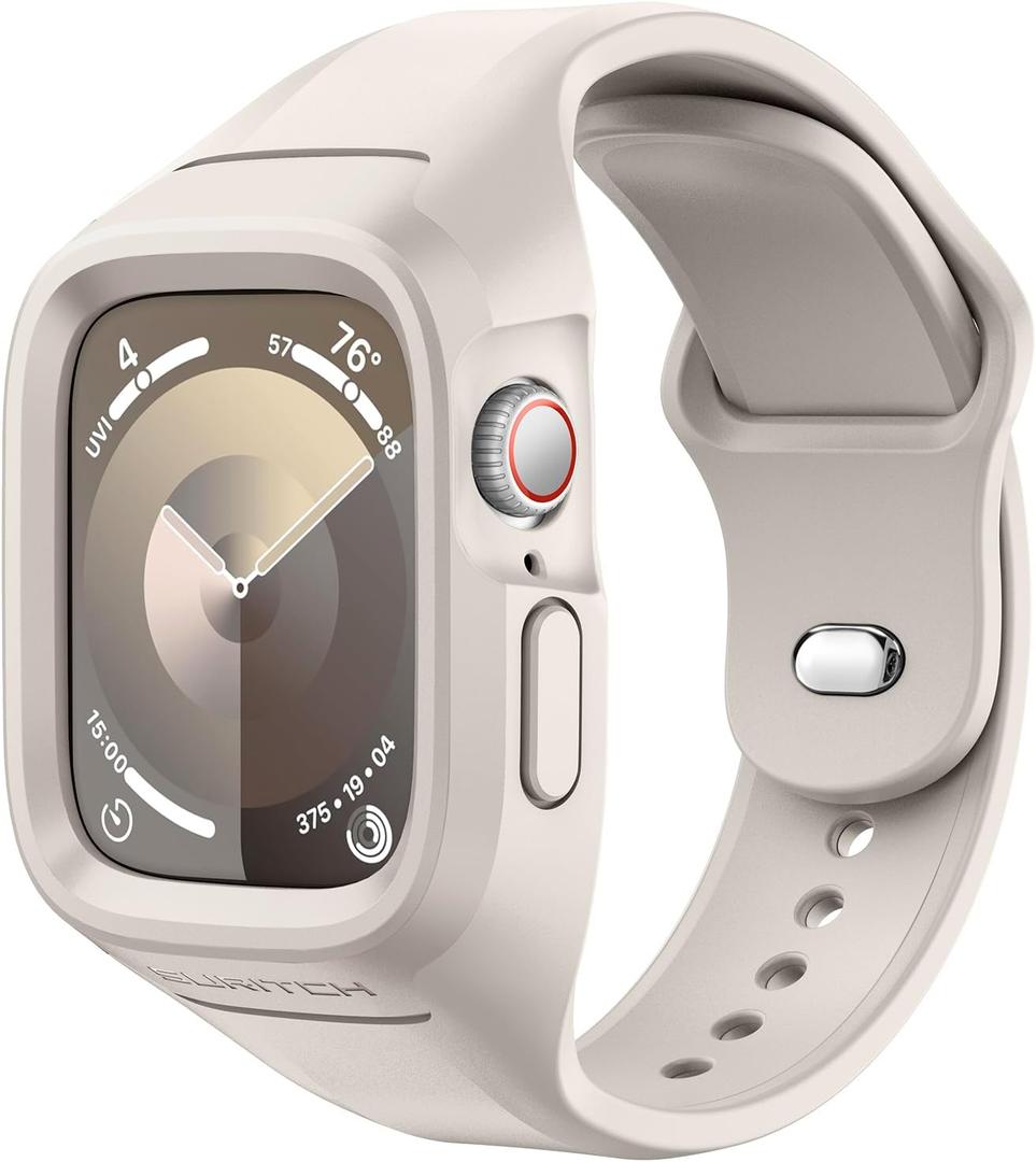 SURITCH Sport Band for Apple Watch Ultra 3/2/1 49mm & iWatch Series 9/8/7/6/5/4/SE3/SE2/SE 45mm 44mm 41mm 40mm, Soft Silicone Shockproof Rugged Protective Strap with Case for Women Men (Starlight)