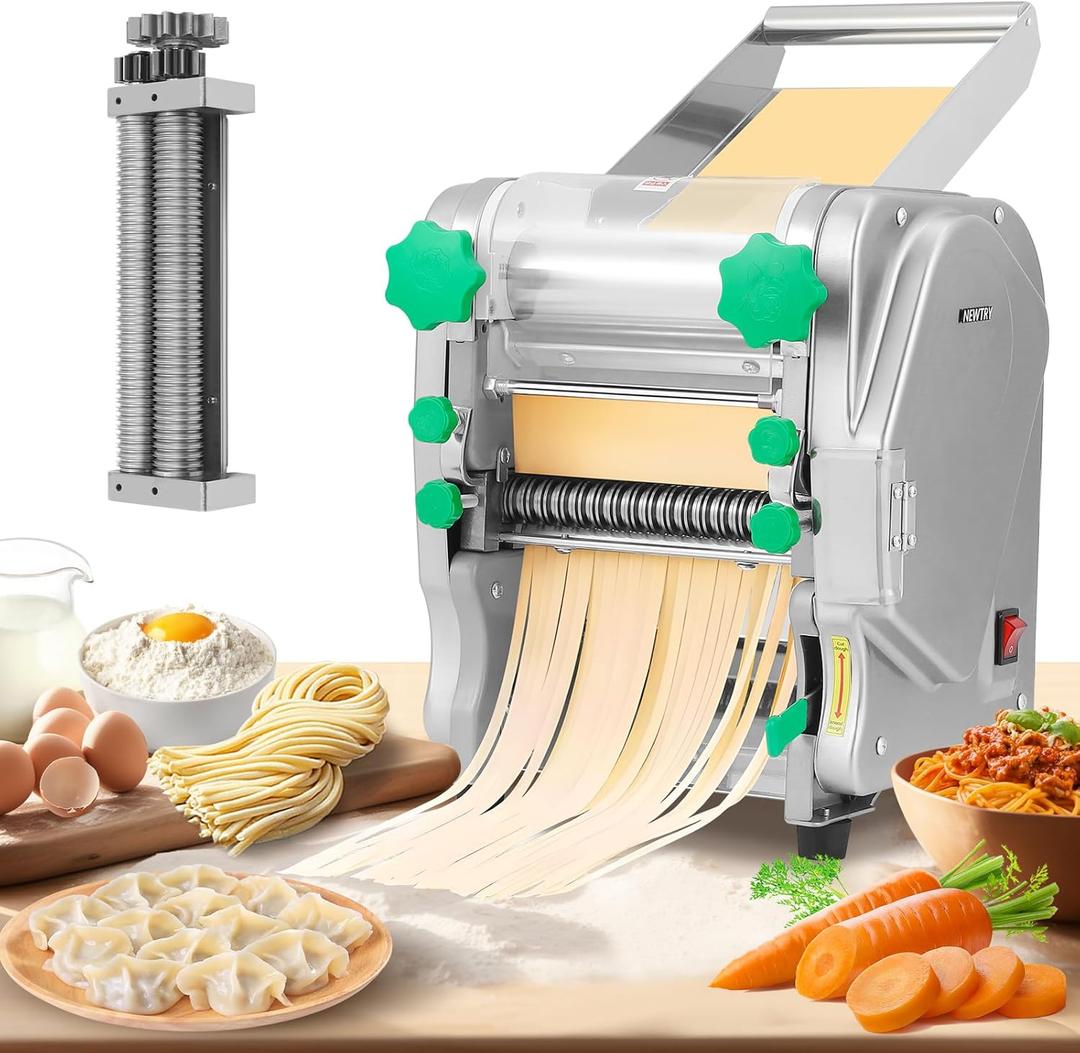 NEWTRY Commercial Pasta Maker Machine Electric Dough Roller Noodle Making Machine with 2/6mm and 2.5mm Round Blade Thickness Adjustable for Fettuccine Pasta 110V
