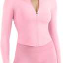 YEOREO SoftHue Women's Athletic Jacket Cropped Long Sleeve Workout Top Zip Up Gym Compression Shirts with Thumb Holes (Large, Pink)