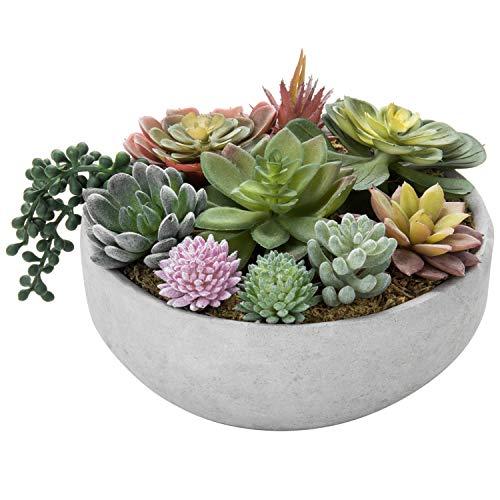 MyGift 8 Inch Round Modern Artificial Succulent Arrangement Potted in Gray Concrete Plant Bowl, Assorted Faux Mini Succulents in a Decorative Planter Pot