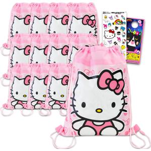 Hello Kitty Party Favor Bags Set - Bundle with 12 Hello Kitty Drawstring Bags for Kids and Stickers | Sanrio Birthday Party Supplies