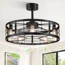 LEDIARY 26 inch Fandelier Caged Ceiling Fan with Light, Bladeless Ceiling Fan with Remote, Farmhouse Fan Lights Ceiling Fixtures for Kitchen, Bedroom, Outdoor(6 Speed, Timing)-Black