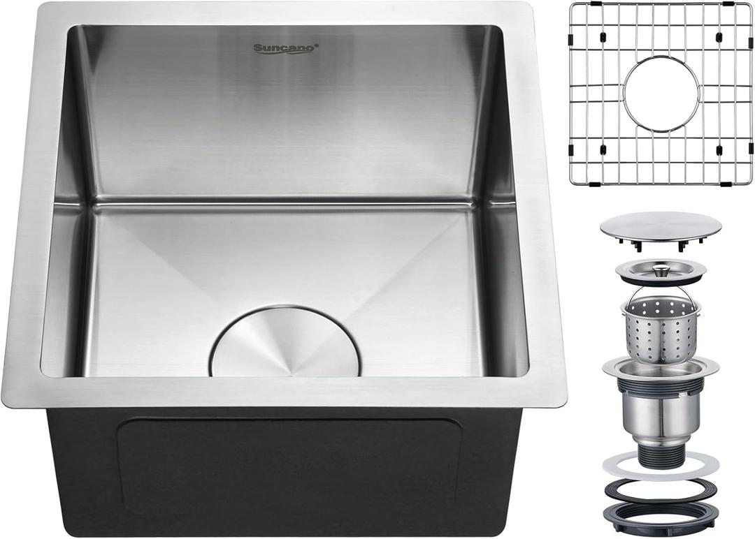 15x15 Inch Bar Sink Undermount, 18 Gauge Stainless Steel Small Kitchen Sink, Handmade Single Bowl Wet Bar Sinks with Rinse Grid (Brushed)