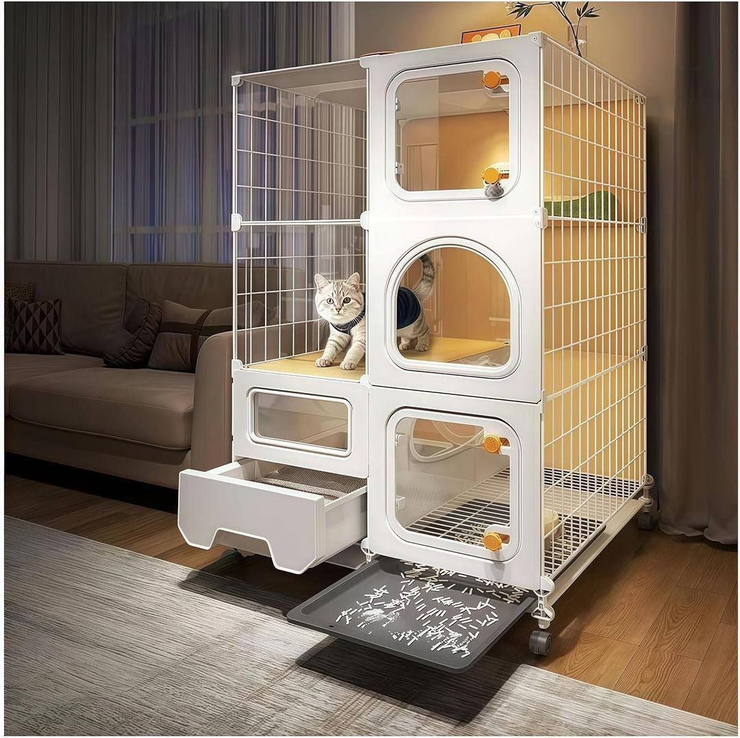 Indoor cat cage with Litter Box, Complimentary Cat Bed, Bow,lcat House with Wheels Outdoor,Large cat Villa Playpen, Small Animal Dog Kennel cat enclosures (28(L) x18.2(W) x46.2(H))