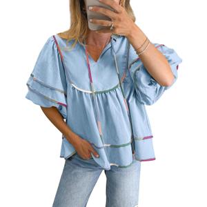 Cicy Bell Womens Summer Babydoll Tops V Neck Short Lantern Sleeve Shirts Cute Loose Fit Peplum Flowy Blouses (Blue, L)