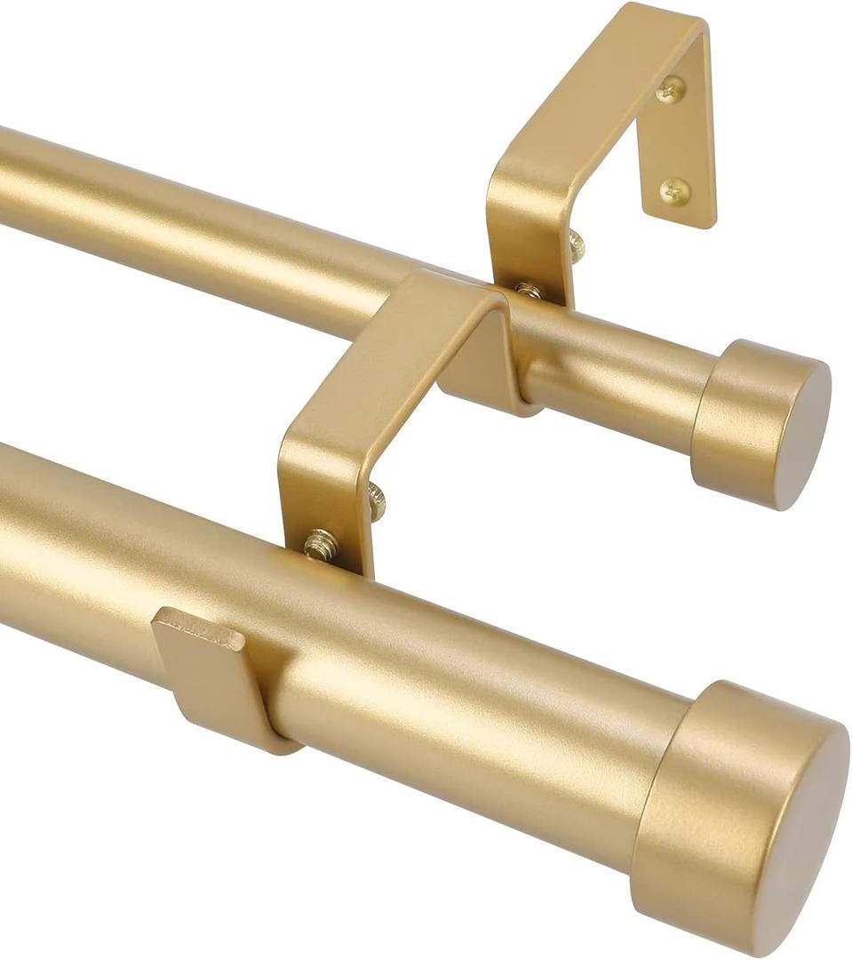 OLV Gold Double Curtain Rods for Windows 36 to 72 Inch(3 to 6 Feet),1 Inch Adjustable Dual Curtain Rod, Heavy Duty Double Drapery Pole with End Cap Design for Living Room, Bedroom, Farmhouse