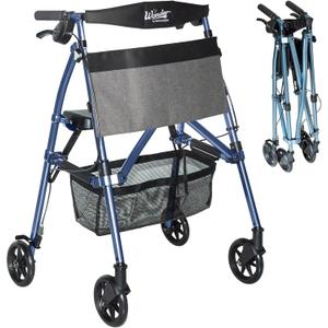 Stander Wonder Rollator Plus, Lightweight Folding Mobility Rolling-Walker, EZ Fold-N-Go-Rollator for Seniors and Adults, 6-inch Wheels, Locking Brakes and Padded Seat with Backrest, Cobalt Blue