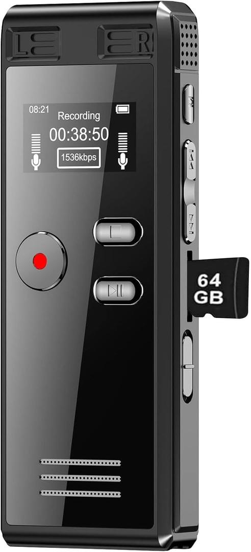 64GB Digital Voice Activated Recorder with Playback - 4552 Hours Audio Recording Device, 3072Kpbs HD Dual MIC Tape Recorder Device for Lecture A-B Repeat, MP3 Player