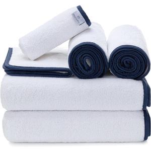 Macouba Bath Towels for Bathroom Bath Towel Set - White Towels with Blue Trim - Luxury Set of 6 - Bathroom Towels Set, White Navy Blue Towels - 2 White Bath Towels, 2 Hand 2 Face