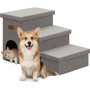 LLAZEZZZ Dog Stairs with Storage, Supports up to 150 lbs, 3-Step Wider Sturdy Dog Steps for Small/Medium Dogs and Older Pets, Folding Doggie Ramp for Beds/Sofas/Chairs/Cars, Grey