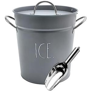 Rae Dunn Ice Bucket with Scoop - Stainless Steel Bucket with Handle, Lid and Ice Scooper - 4 Qt. Storage Bin for Ice Cubes for Bars, Parties, Backyard Barbeques, Picnics, and Camping (Grey)