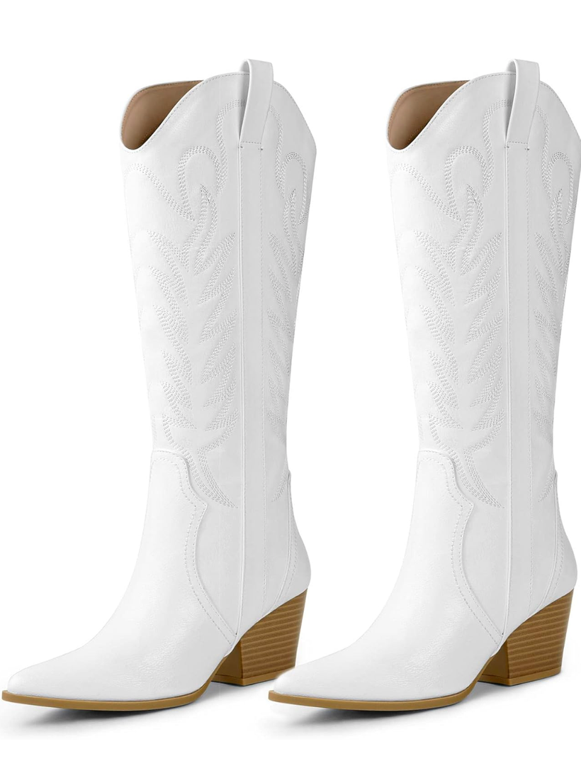 Arromic Cowboy Boots for Women Comfortable Women's Embroidered Western Cowgirl Knee High Boots Pointed Toe Zipper Chunky Heel Country Outfit Retro Tall Boots Size 9