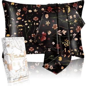 2 Pack Mulberry Silk Pillowcase for Hair and Skin - Standard Size 20 x 26 Inches with Hidden Zipper BK Grow Flower 19 Momme Soft Sleeping Silk Pillow Case for Women, Moms