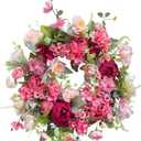 18 Inch Spring Wreaths for Front Door, Artificial Peony & Hydrangea Floral Front Door Wreath Outside Pink Floral Door Wreaths for Front Door Outside with Grapevine, Decorative Handmade (Pink)