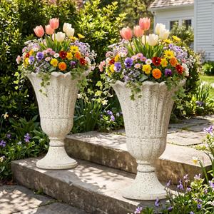 24" Tall Urn Planters for Outdoor Plants, Urns and Pedestal, Beige | Resin HDPE Weather-Resistant Material, Vintage Petal Design Outdoor Planters with Drainage Holes, Flower Pots/Vase/Porch Door, 23.62"H x 15.75"W x 19.69"D