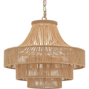 Wood Beaded Rattan Chandelier Boho Hand Woven Pendant Light 6-Lights Adjustable Coastal Pendant Lighting Fixtures for Dining Living Room Kitchen Hallway, Dia 20, UL Listed