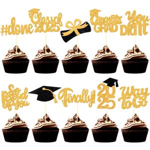 100 Pcs Graduation Cupcake Toppers Congrats Grad Class of 2025 Graduation Cupcake Picks Toppers Diploma Supplies for Party Decorations(Gold)