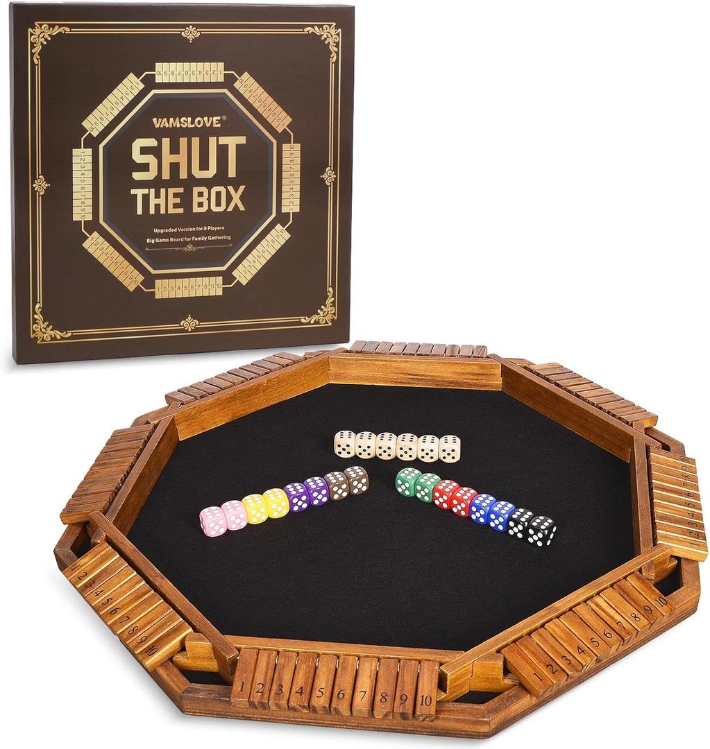 VAMSLOVE Upgraded 2-8 Players Shut The Box Dice Game-8-Way Wooden Board Table Math Game with 16+6 Dices - Close The Box Game for Kids, Adults Families Party Club (Instruction Included)