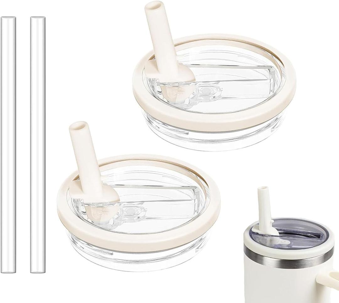 2 Pack 30 oz Tumbler Flip Straw Lid Replacement Compatible for Stanley Quencher, Leak Proof Lid Replacement for 30 OZ Stanley H2.0 FlowState Tumbler,Spill Proof Splash Reusable (Ivory White)