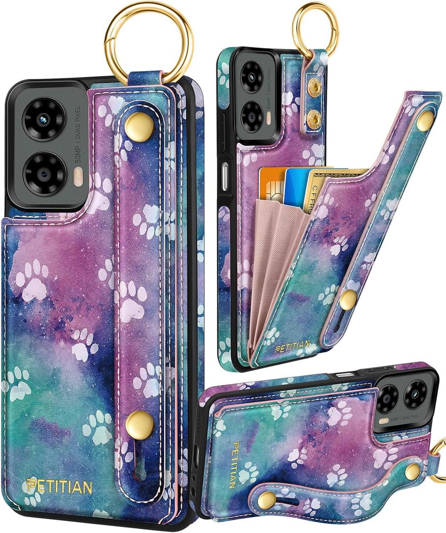 Petitian for Moto G 5G 2024 Case with Wallet - Women Girls Cute Girly Aesthetic Unique Design Leather Credit Card Holder Cardholder Stand Wristband for Motorola G 5G 2024, Cat Paw