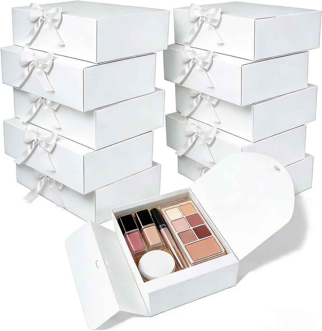 XyaMov 10 PCs Gift Boxes with Lids,10x8x4 inches White Gift Boxes with Ribbons, Bridesmaid Proposal Box, Kraft Paper Gift Box for Wedding, Packaging, Present, Birthday, Cupcake Boxes, Crafting