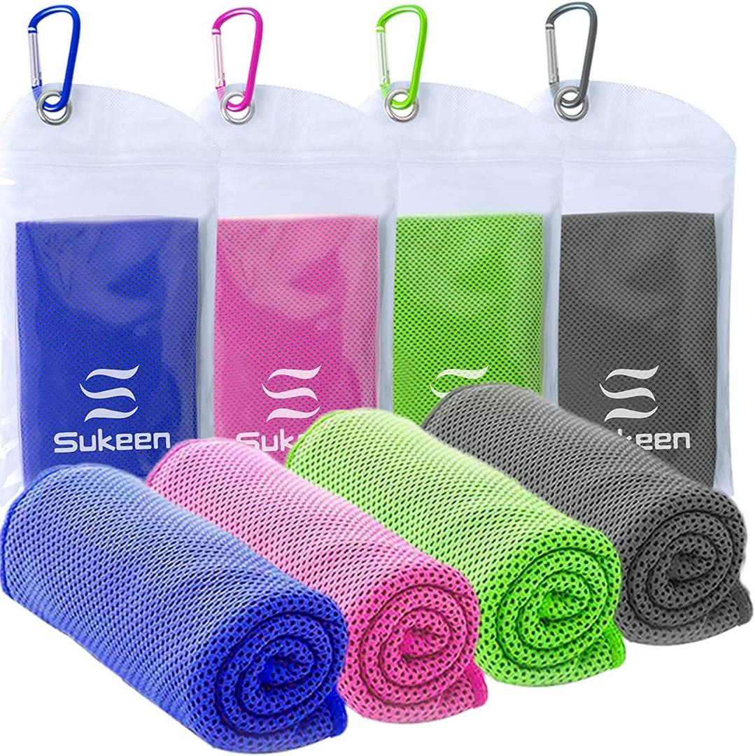 Sukeen [4 Pack Cooling Towel (40"x12"),Ice Towel, Soft Breathable Chilly Towel, Microfiber Towel for Yoga, Sport, Running, Gym, Workout, Camping, Fitness, Workout & More Activities (Pink/Green/Dark Blue/Dark Grey)