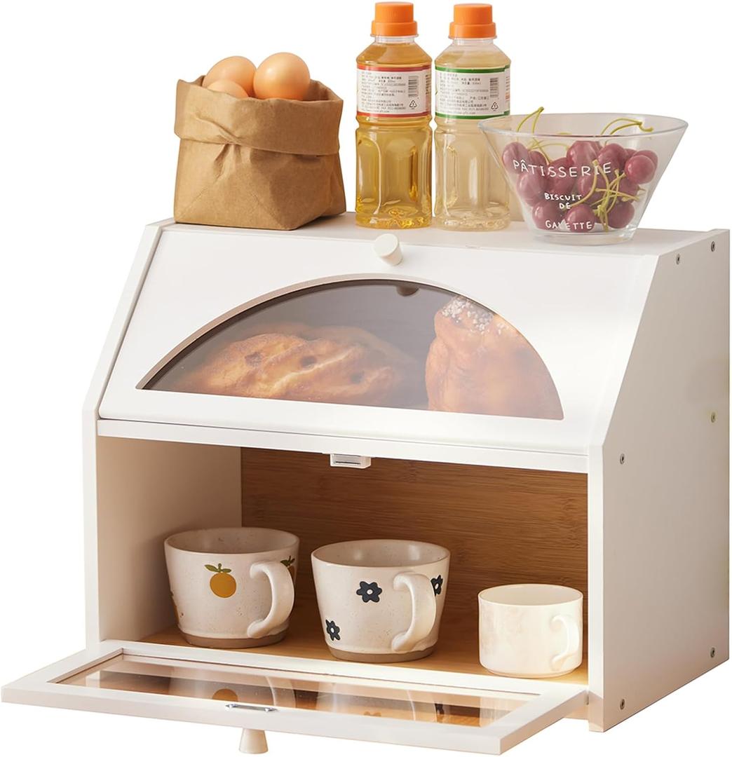 Bamboo Bread Box for Kitchen Bread Storage And Organizer Farmhouse Countertop Bread box Double Layer Bamboo Wooden Extra Large Capacity(White)