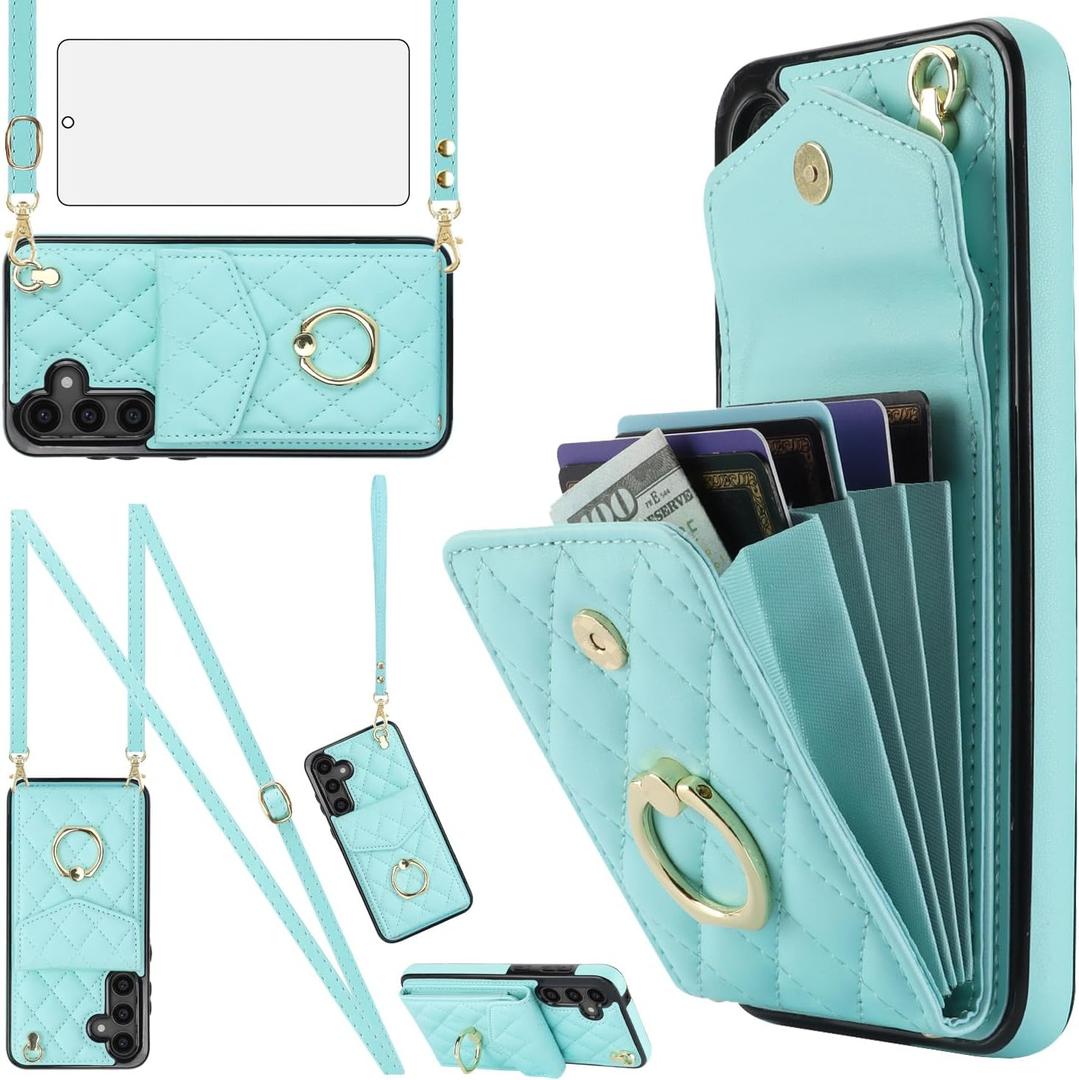 Asuwish Phone Case for Samsung Galaxy S23 FE 5G Wallet Cover with Tempered Glass Screen Protector and Crossbody Wrist Strap Ring Stand RFID Blocking Card Holder Cell S 23 EF S23FE 23S Women Girls Teal