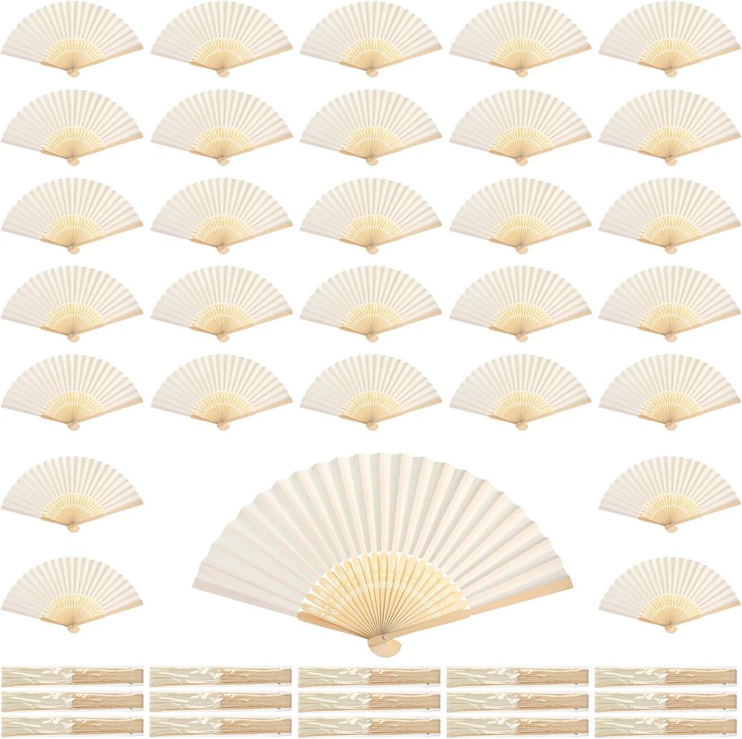 Qunclay 60 Pcs White Paper Hand Fans Bulk Bamboo Folding Handheld Wedding Fans for Bridal Dancing Party Favors Church Home Decoration Gift DIY Supplies Stage Props in OPP Individual Package
