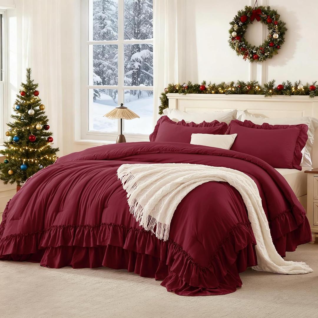 Andency Burgundy Twin Size Comforter Set(66x90Inch), 2 Pieces(1 Ruffle Comforter and 1 Pillowcase) Lightweight Fluffy Bedding Comforter Sets for Kids, All Season Soft Microfiber Bedding Set