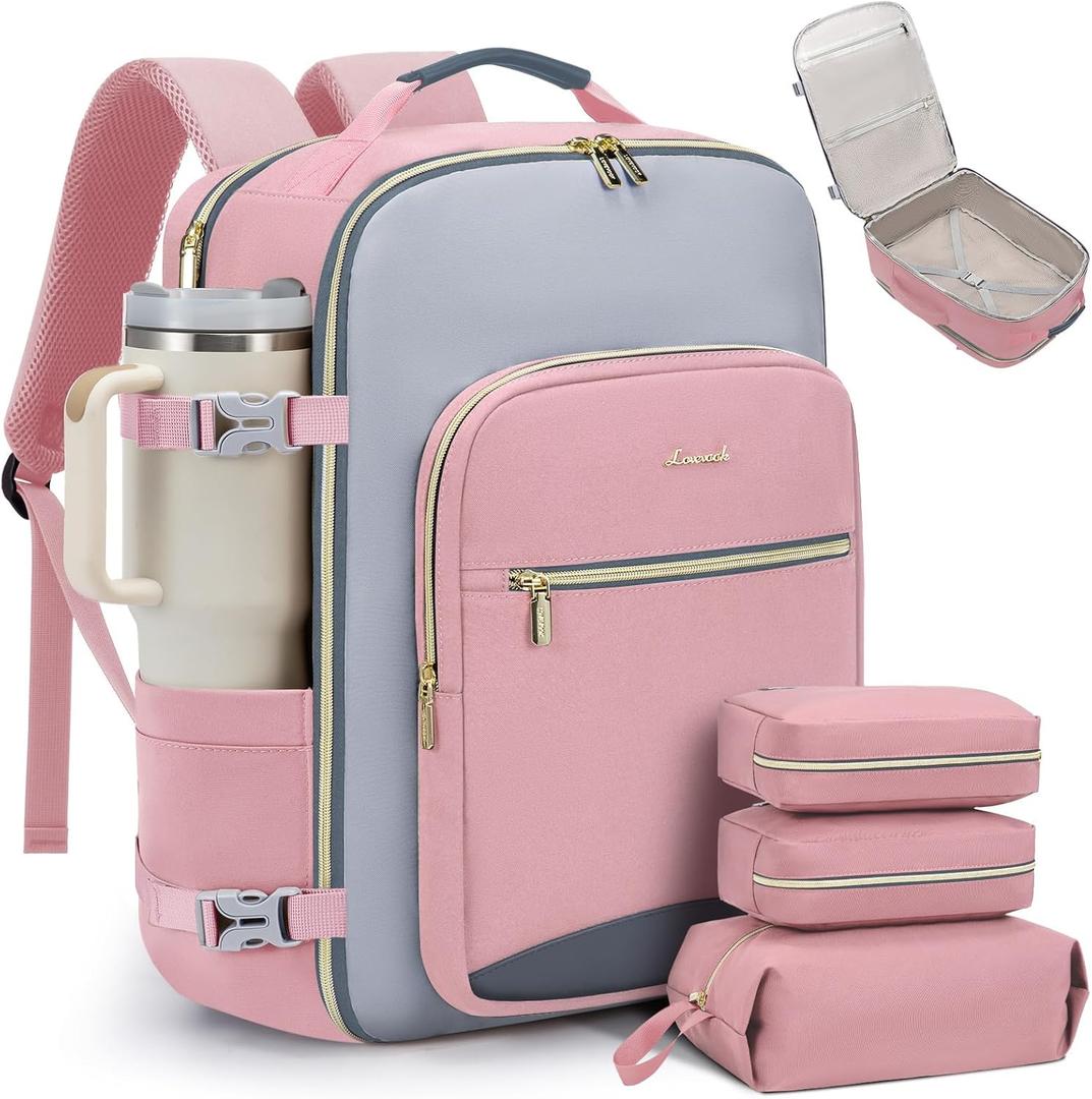 LOVEVOOK 40L Travel Backpack for Women & Men, Airline Approved Carry On Luggage with 3 Packing Cubes, TSA Overnight Bags, Waterproof Personal Item Bag, Weekender Essentials Backpacks Fits 17" Laptop, Pink-Light Grey