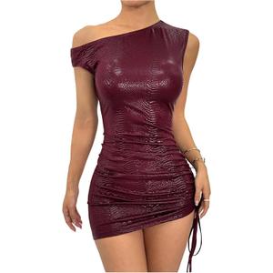 Milumia Women's Off Shoulder Pu Leather Mini Dress Sexy Drawstring Ruched Party Club Short Dresses (Large, Burgundy)