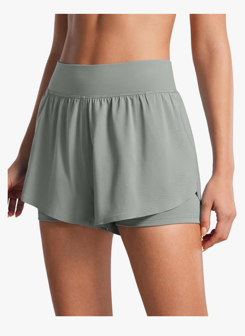 CRZ YOGA 2 in 1 Dolphin Running Shorts for Women High Waisted Gym Workout Athletic Tennis Shorts with Pockets Split (L, Grey)