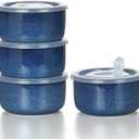 Ceramic Bowls Set with Lids: Set of 4 Microwave Safe Bowls for Soup Meal Prep Cereal Salad Fruit - Food Storage Containers with Lids for Work Lunch Pinic Camping - Glaze Blue A