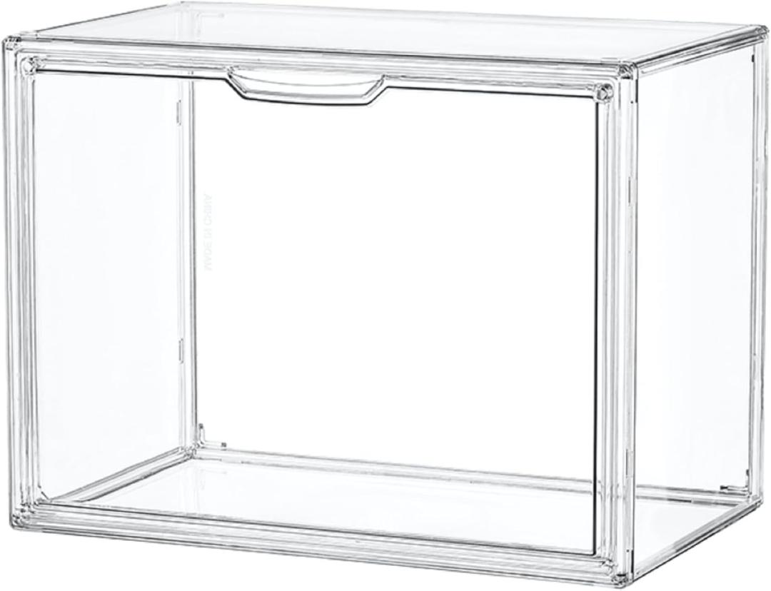 2 Pack Clear Acrylic Display Case, Stackable Plastic Storage Bins with Magnetic Attraction Lid, Showcase for Cosmetic, Large Figures Collectibles