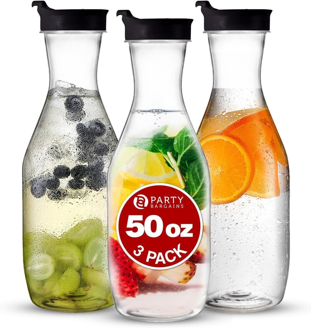 PARTY BARGAINS 50 oz Plastic Carafe with Black Flip-Tab Lid, Clear – 3 Pack Heavy-Duty Spill-Resistant Pitchers for Iced Tea, Juice, Cold Beverages, Powdered Drinks, Mimosa Bar