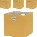 Cube Storage Bins 13×13x13 Inch, 4 Pack Collapsible Linen Fabric Storage Cubes with Handles, Thick Heavy Duty Storage Baskets for Shelves Kallax Bedroom Dormitory Toy Clothes, Yellow