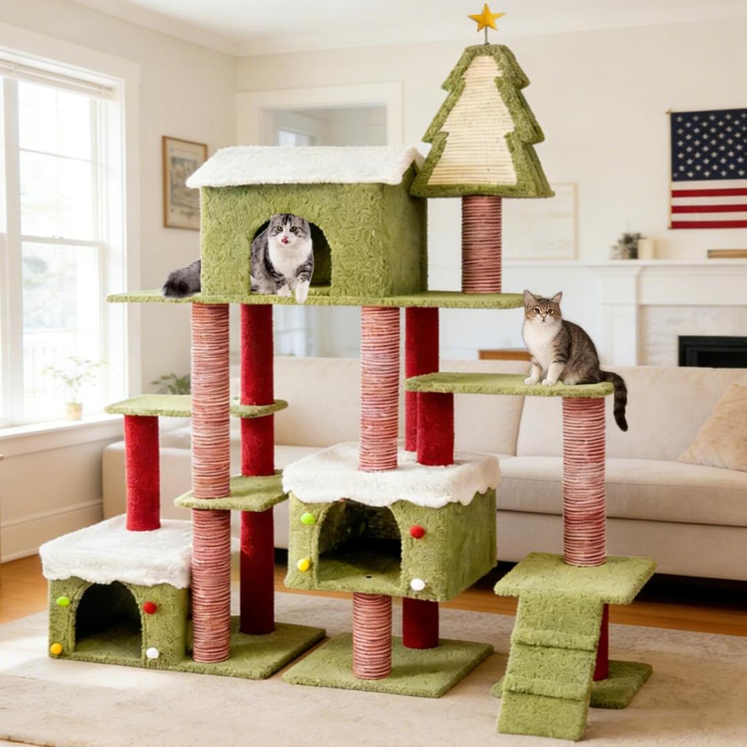 Green Cat Tree Tower with Cozy Condos, Multi-Level Green Cat Tower with Scratching Posts, Cat House Furniture with Snow Roof & Tree Design, Stable Cat Playground for Indoor Cats (Christmas 74.4in)