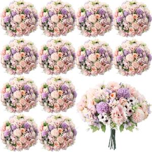 Tigeen 12 Bundles Peonies Artificial Flowers Faux Roses Silk Flowers Hydrangea Artificial Bouquet for Wedding Table Centerpiece Floral Vase Home Office Bridal Decor (Purple,Pink)