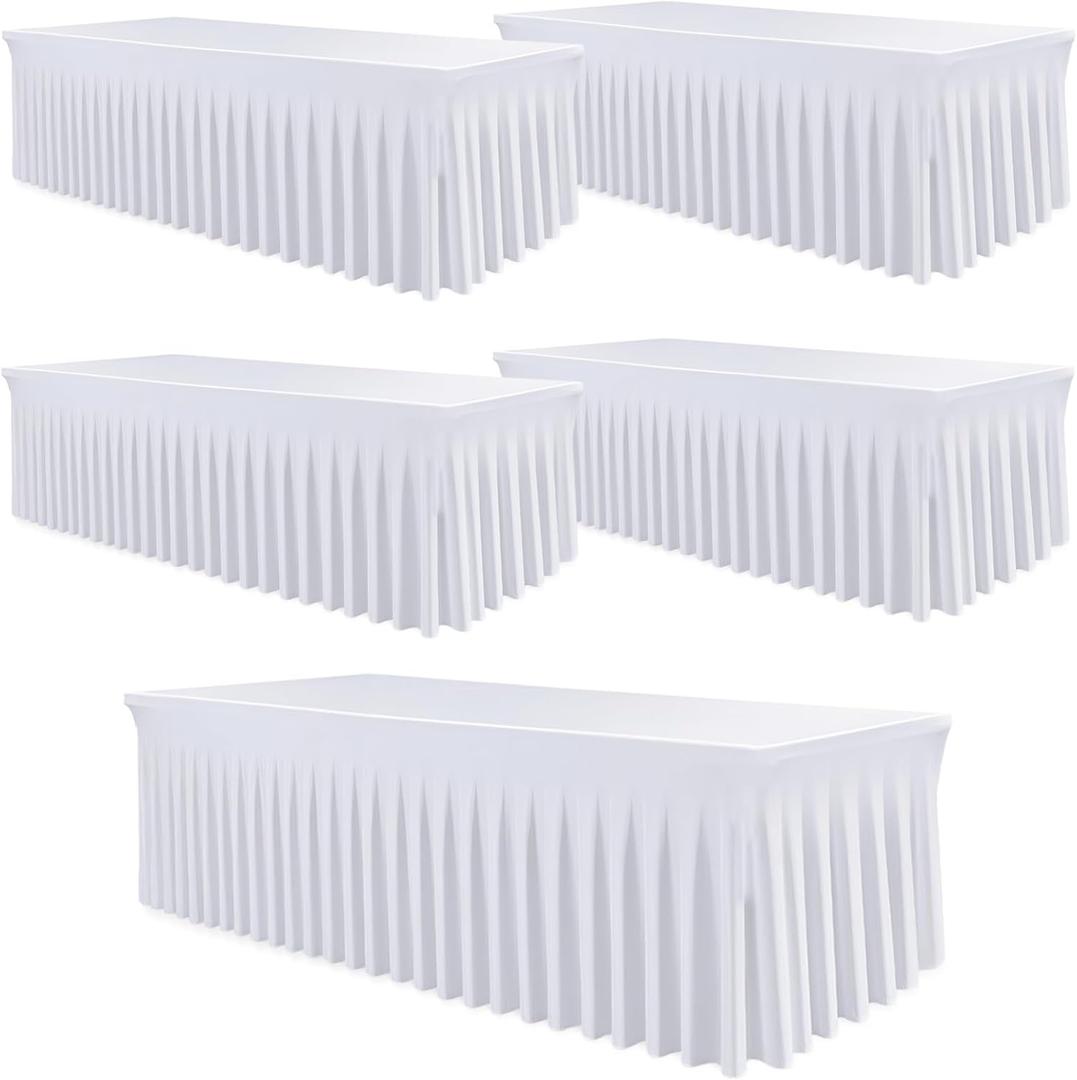 WJWHQ 5 Pack White Spandex Tablecloths, Stretch Fitted 6ft Table Cover (120 Inch) with Skirt, Wrinkle Free for Weddings, Parties, Banquets, Dining Fits 6 Foot Rectangle Tables