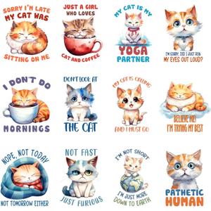12pcs Cat Kittens Iron On Heat Transfer Stickers Ready to Press Vinyl Decal Patches for Jeans T-Shirt Jackets Backpacks Pillows DIY Appliques Decor