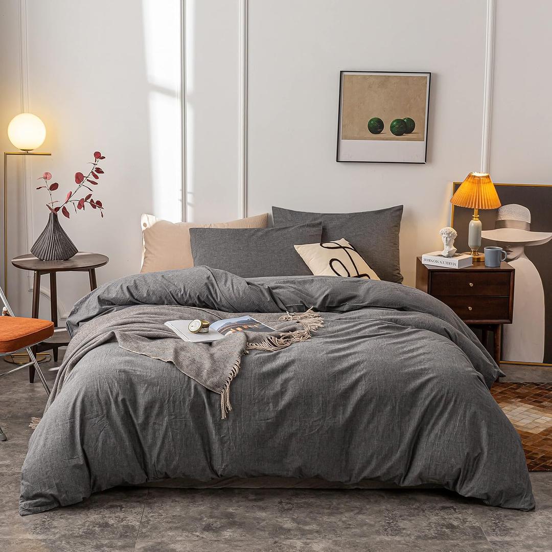 Cotton Duvet Cover Oueen Ultra Soft 100% Cotton Solid Color Gray Duvet Cover Set 3 PCs Closure -3 Pieces Grey Queen
