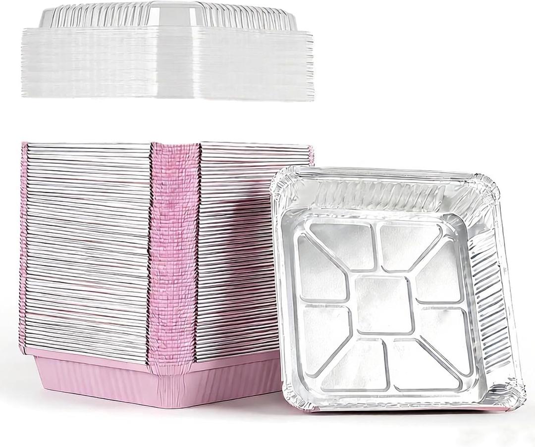 (40 Pack) 8x8 Square Aluminum Baking Cake Pans with Clear Lids - Pink Foil Pans with Lids - Disposable Food Containers Great for Cooking, Heating, Storing, Prepping Food