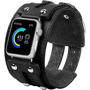 Genuine Leather Band Compatible with Apple Watch Ultra 2/Ultra Bands 38/40/41/42/44/45/49mm Men Women Wrist, Wide Sport Leather Strap Bracelet Replacement Bands for iWatch Ultra Series SE 9 8 7 6 5 4 3 2 1