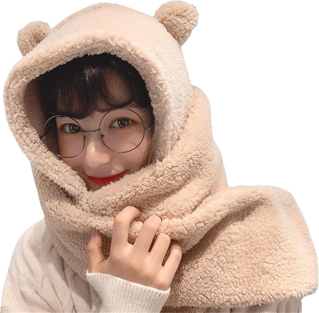 Women Kawaii Bear Ear Beanie Hat Scarf 2 in 1 - Cute Winter Warm Sherpa Thicken Fleece Fuzzy Japanese Fluffy Knit Hat Cap (7-7 1/8, Beige)