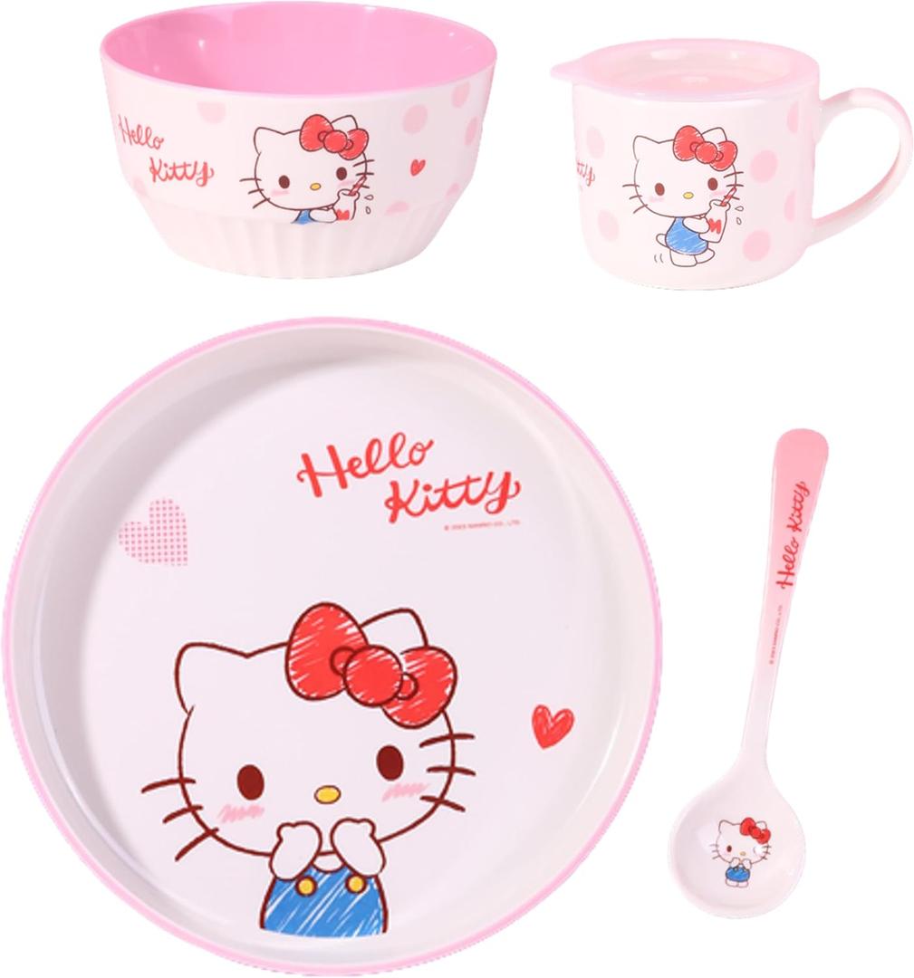 Hello Kitty Heart Cute Pink Dinnerware Flatware Meal Set Plate Bowl Cup Spoon, 4 pieces