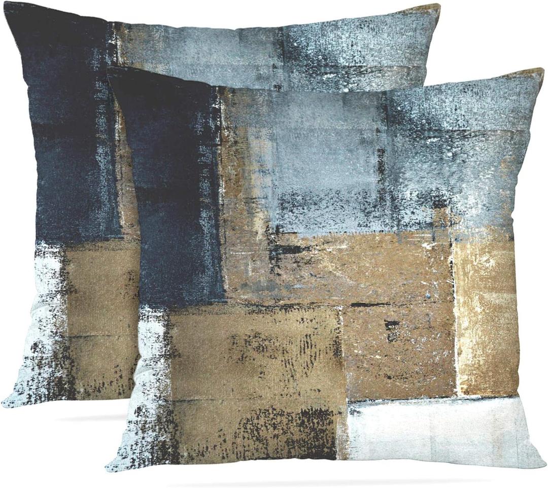 Britimes Throw Pillow Covers Modern Home Art Decor, 18 x 18 Inches Set of 2 Pillow Cases Decorative, Abstract Oil Painting Pillowcases for Bedroom, Living Room, Cushion Couch Sofa, Brown Blue (18" x 18" (Pack of 2))