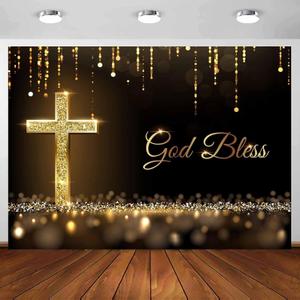 10X8ft Cross Backdrop, Golden Gliitter God Bless Backdrop Baptism Resurrection of Jesus Easter Photo Background for Church Events Decor Photo Props