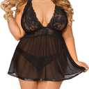 JuicyRose Open Back Lingerie Lace Babydoll Sleepwear Plus Size (3X-Large, Black)